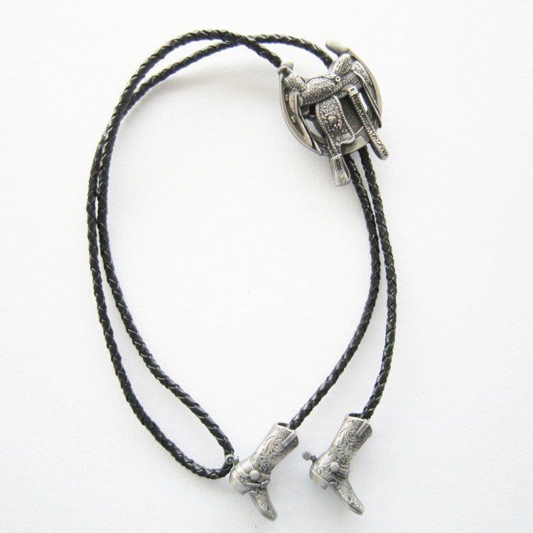Silver Plated Western Saddle Horseshoe Cowboy Boots Bolo Tie BT006SL