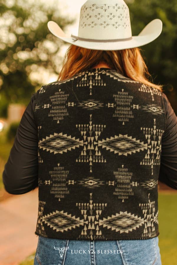 Black Aztec Wool Blend Concho Button Vest JO233