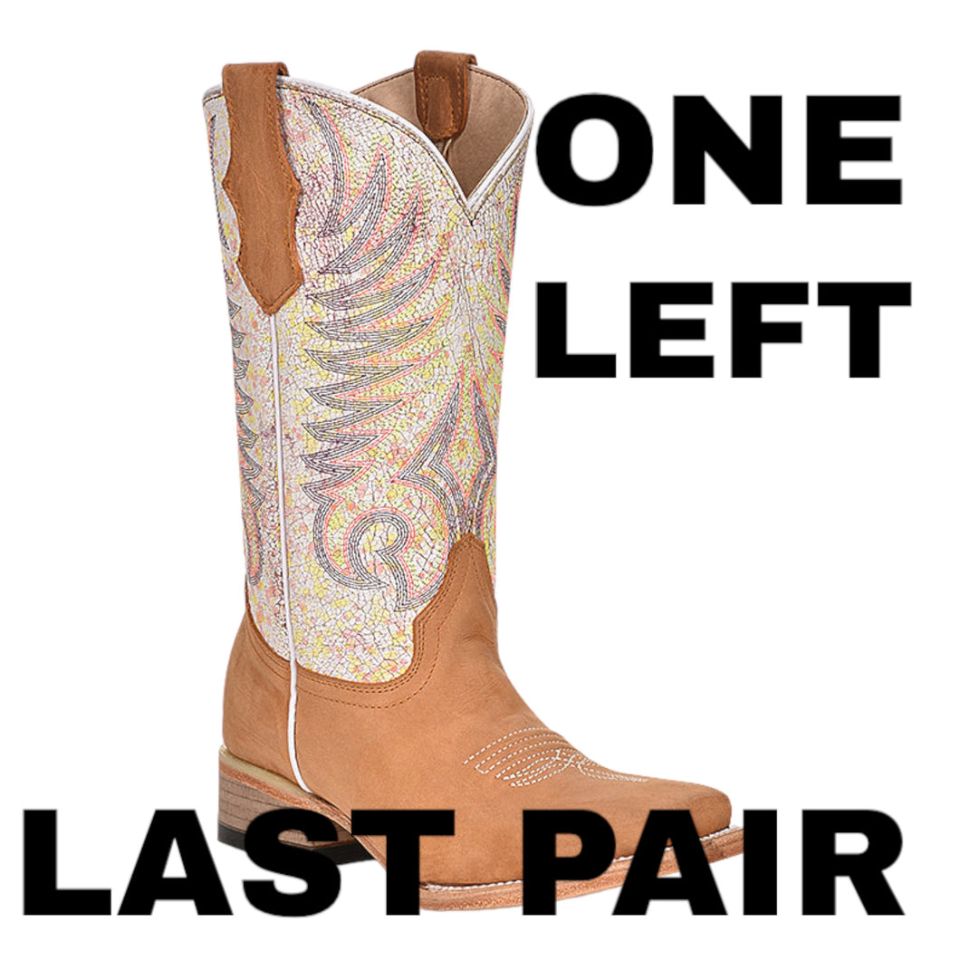 Corral Teens/Ladies J7125 Handcrafted Tan/White Embroidery Square Toe Cowgirl Boots