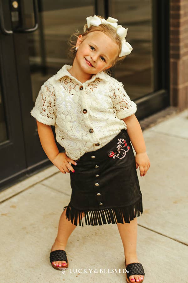 Girls Black Suede Floral Western Fringe Skirt SK012-G-BLK