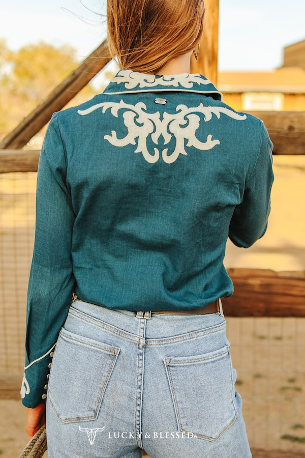 Teal Ivory Patch Boot Stitch Contrast Piping Shirt TO938-TL