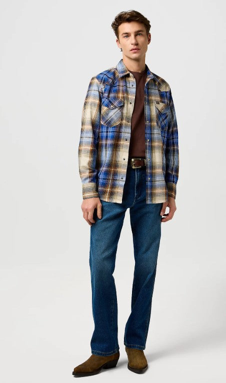 Wrangler Regular Western Indigo Shirt in Blue/Brown 112371431