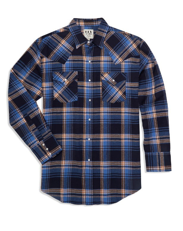 Men's Ely Cattleman Long Sleeve Flannel Plaid Western Snap Shirt 15201026-99 Blue