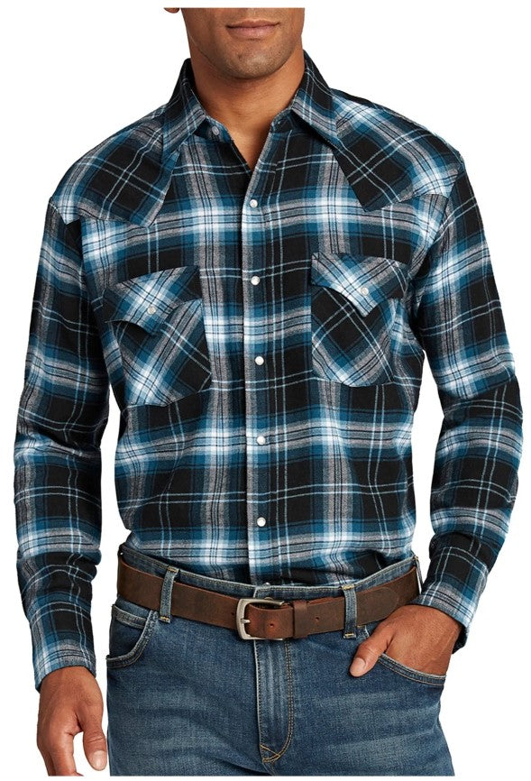 Men's Ely Cattleman Long Sleeve Brawny Flannel Western Snap Shirt 15201027-99 Black/Blue