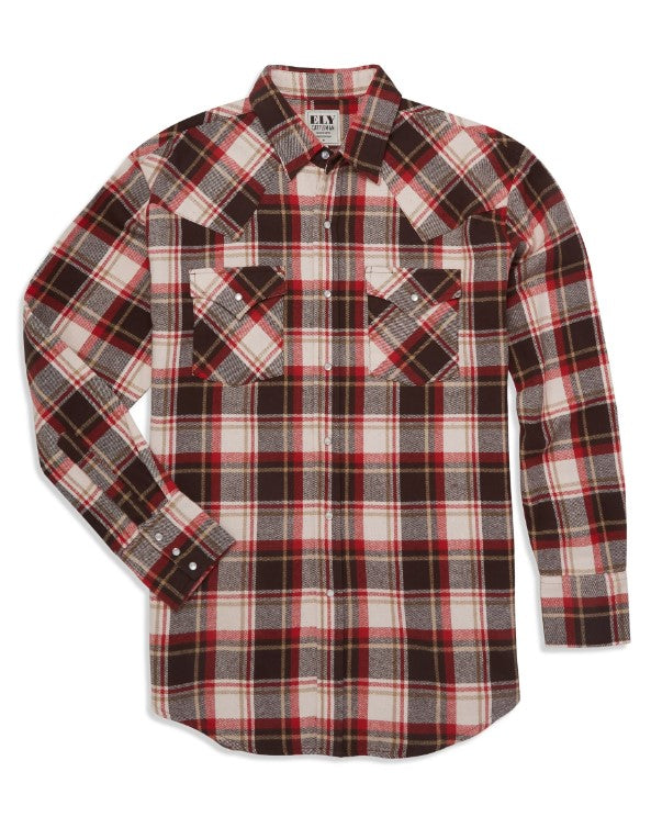 Men's Ely Cattleman Long Sleeve Brawny Flannel Western Snap Shirt 15201027-99 Red