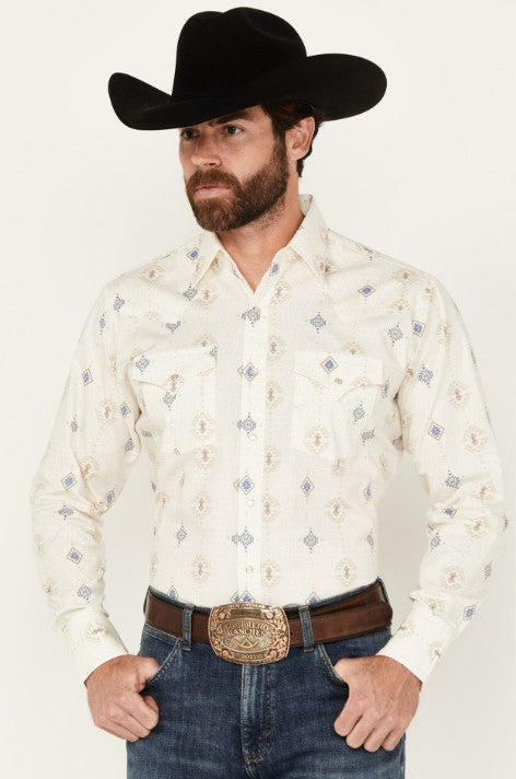 Men's Ely Cattleman Long Sleeve All Over Southwestern Print Western Snap Shirt - Cream 152027089