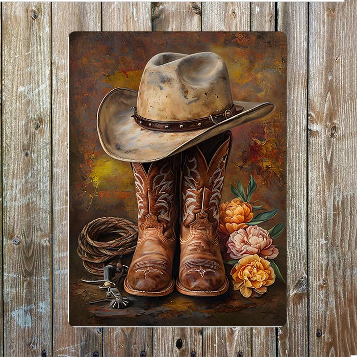 Boots Hat Flowers Cowboy Western Metal Sign Plaque: 8x10inch