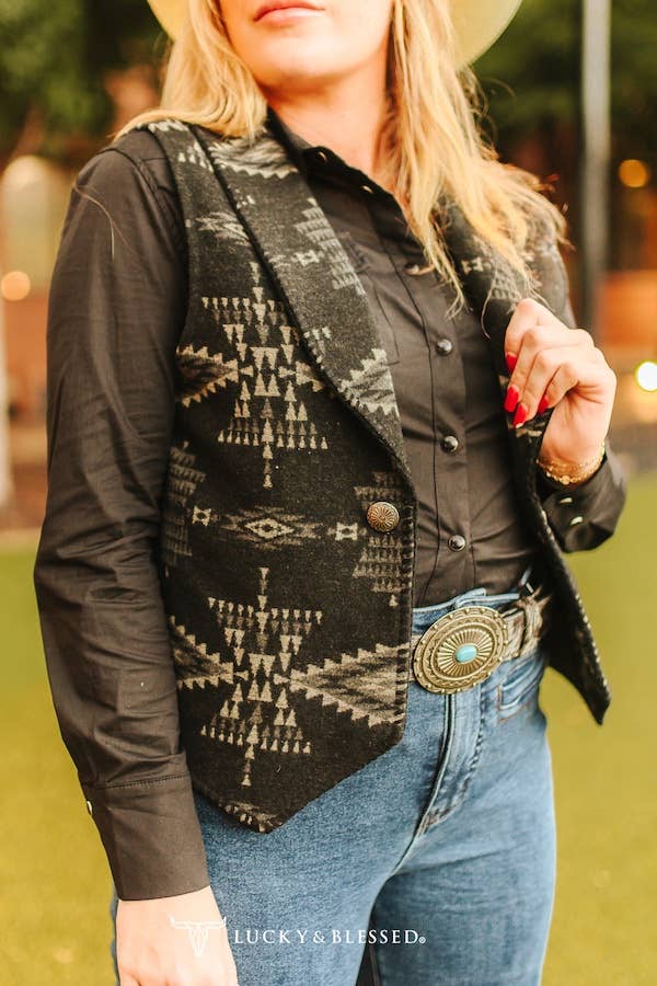 Black Aztec Wool Blend Concho Button Vest JO233