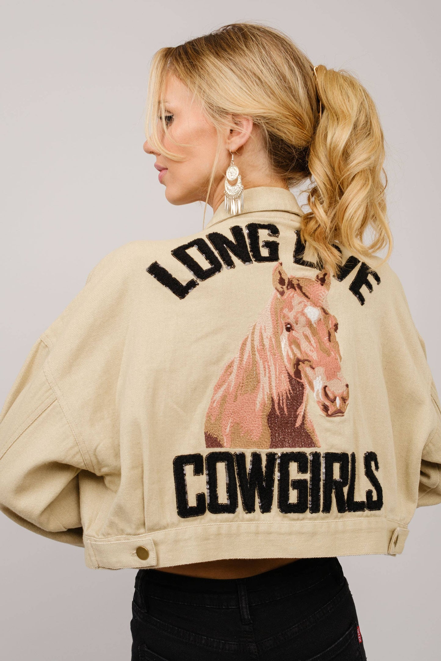36341J - Long Live Cowgirls Patch Twill Denim Jacket in Taupe