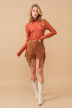 Load image into Gallery viewer, 50011P - Suede Chevron Stud Slanted Fringe Western Shorts: in Dark Camel
