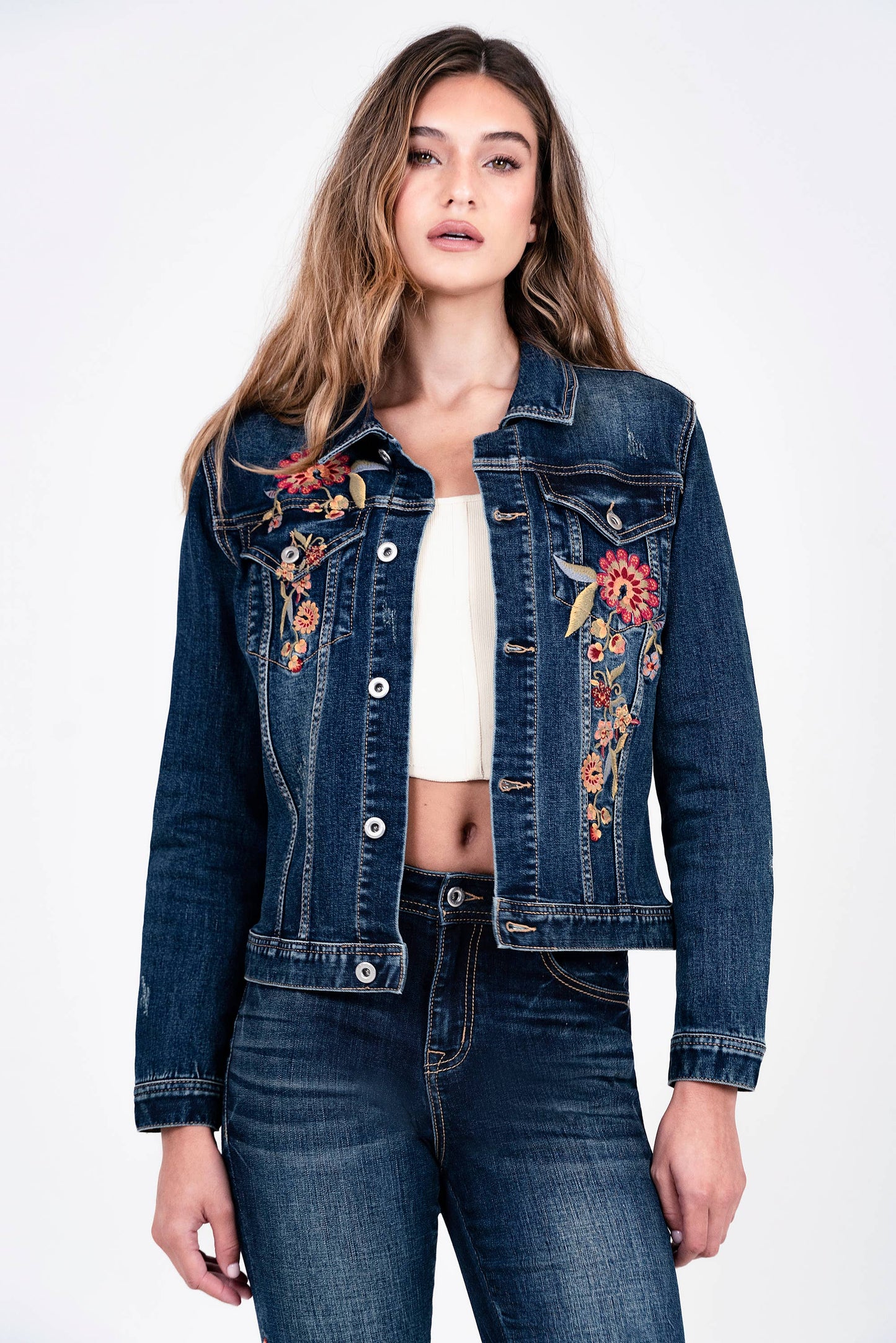 Grace in LA Floral Embroidery Detail Denim Jacket TE-51933
