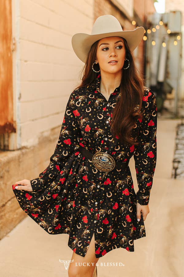 Lucky & Blessed DR436-HRS Plus Size Black Horse Shoe Cowgirl Tier Collared Dress