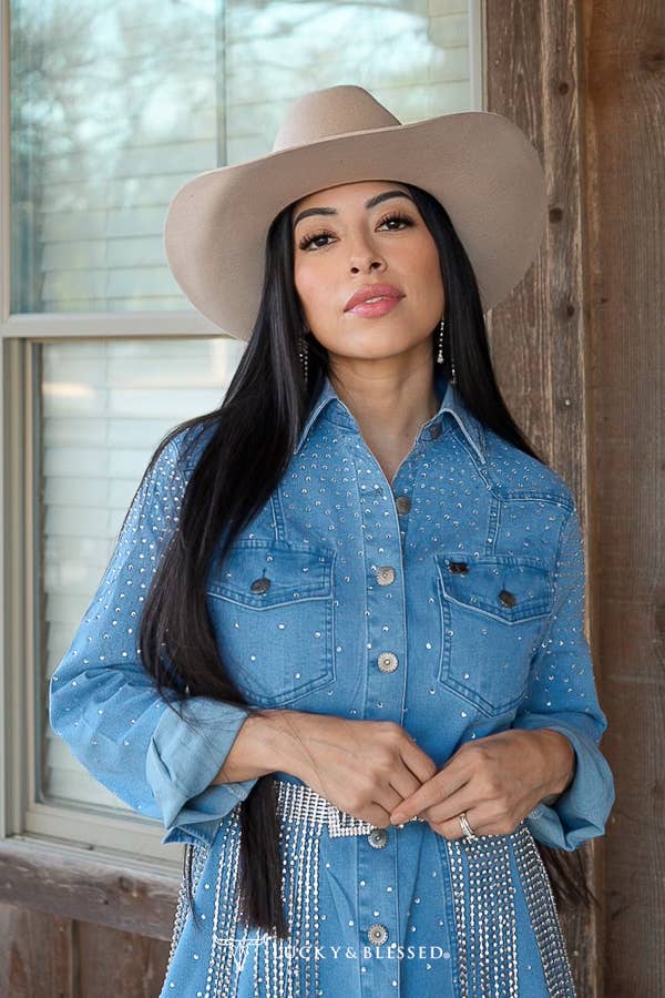 Stone Wash Denim Stretch Rhinestone Collared Dress DR489