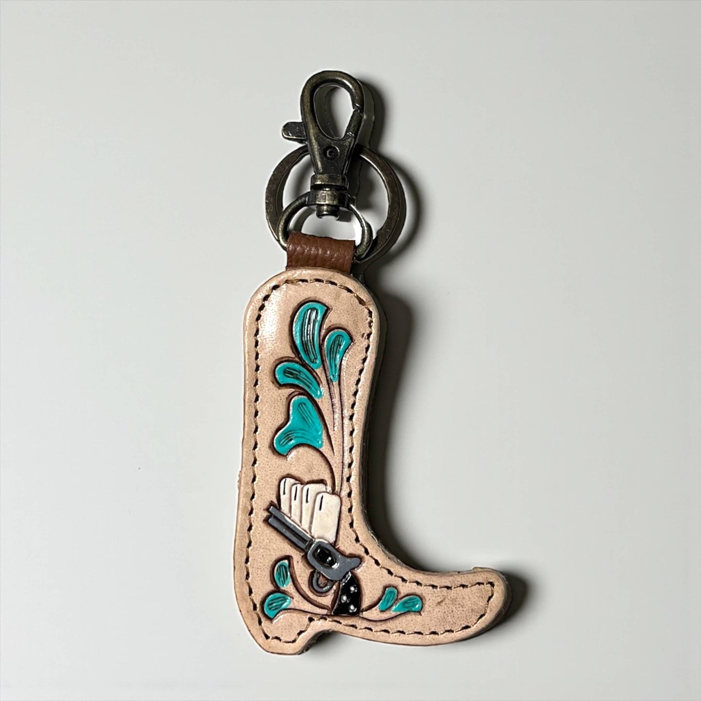 Western Linens Cowgirl tooled leather & cowhide keychain