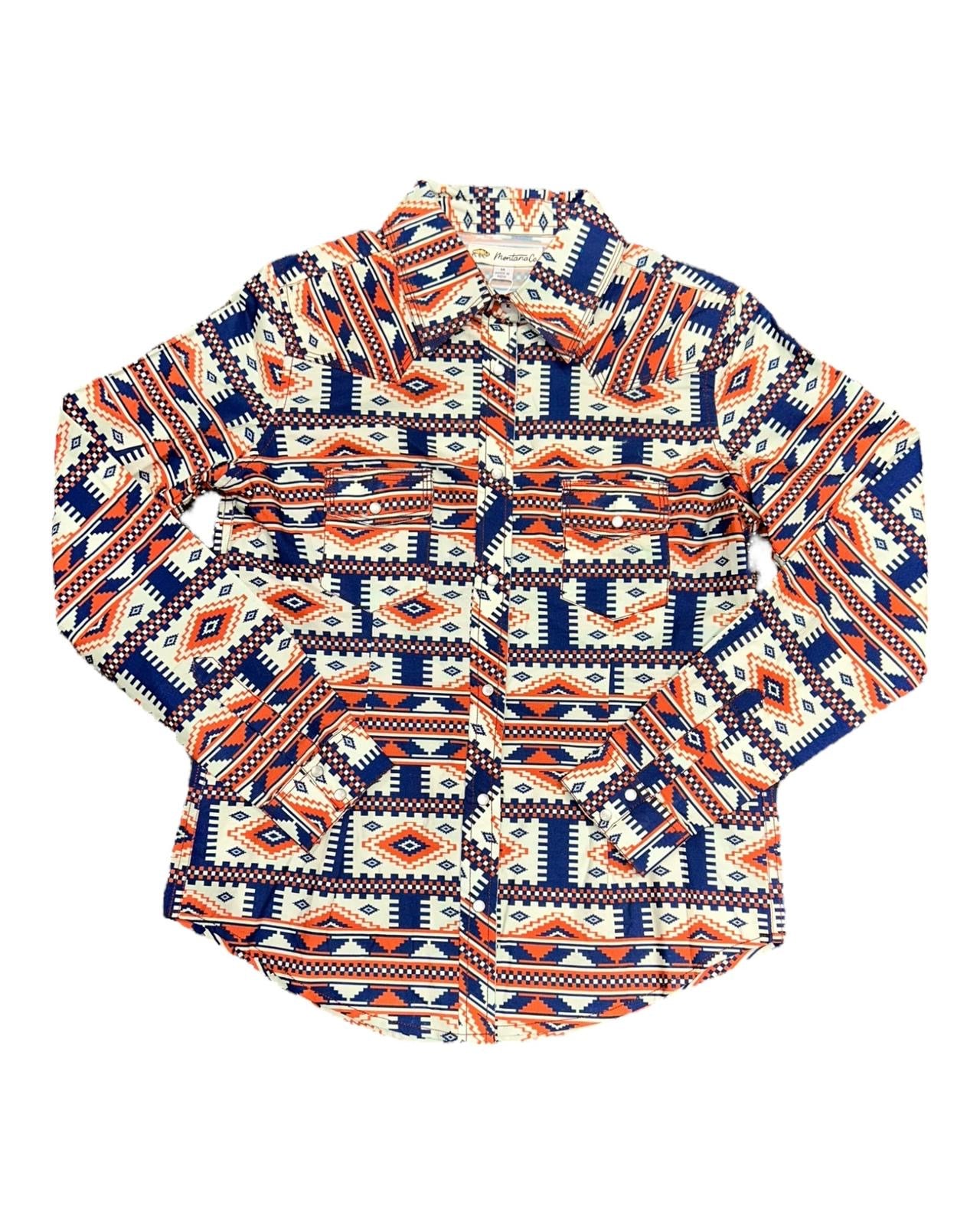 MontanaCo Ladies All Over Aztec Pattern in Orange & Navy Western Blouse L-1110