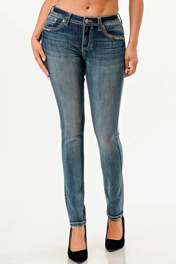 Grace In LA Steer Head Stitches Mid Rise Skinny Jeans EN-51980