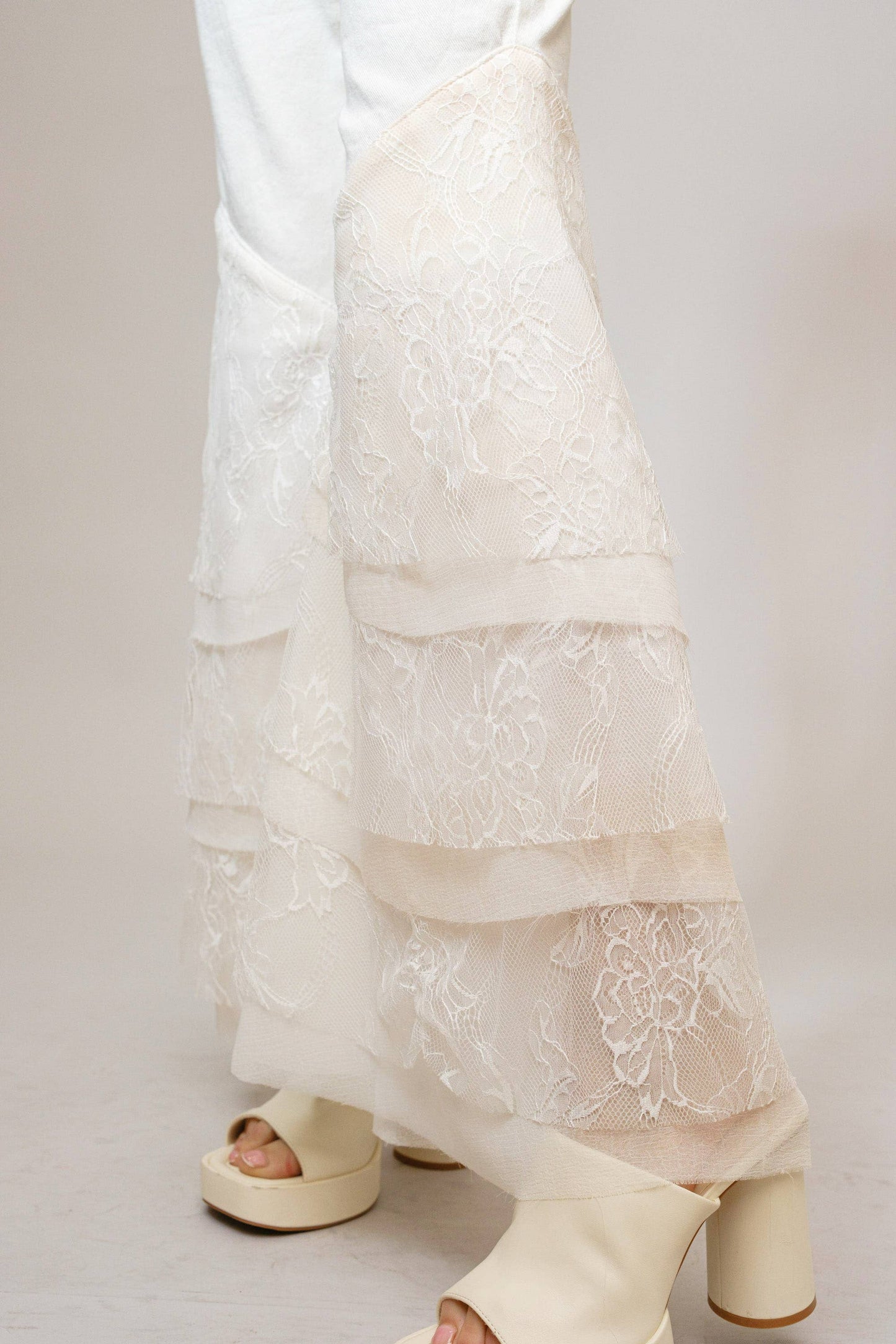 Blue B 15503P - Mid Rise Lace Tiered Flare Denim Jeans: White