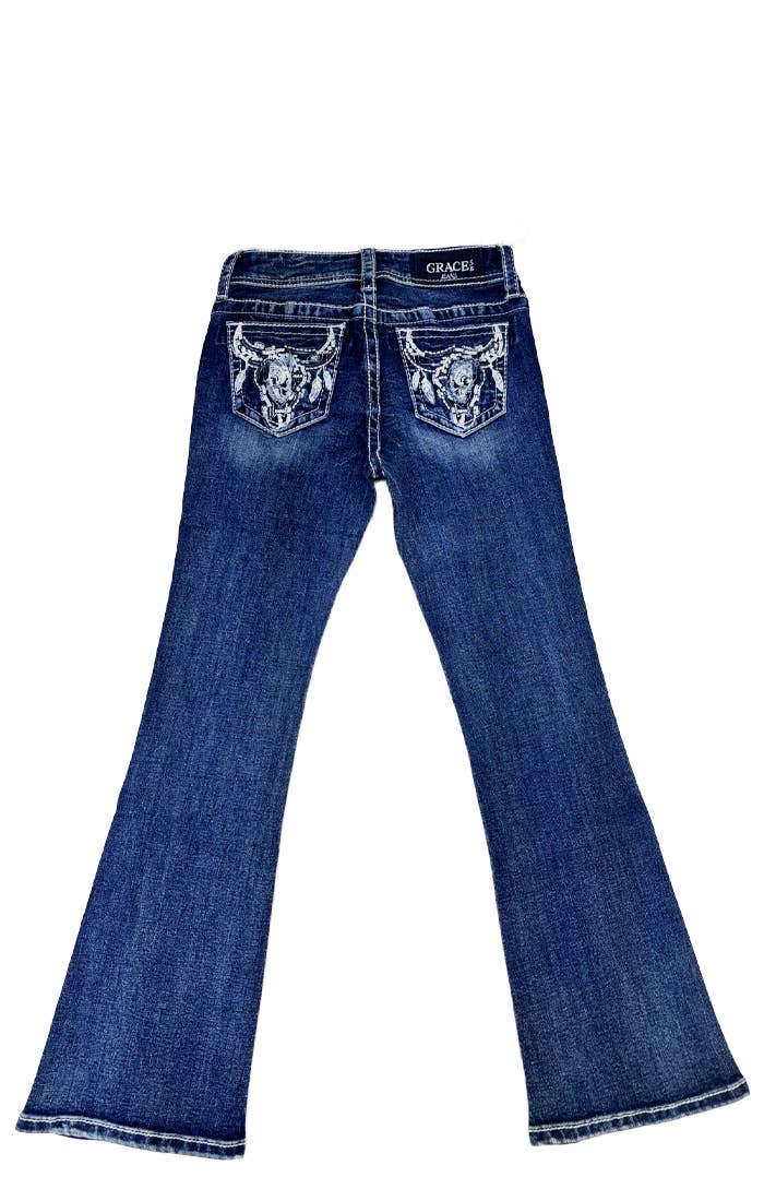 Grace In LA Girls Steer Head Embroidery Boot Cut GB-51956
