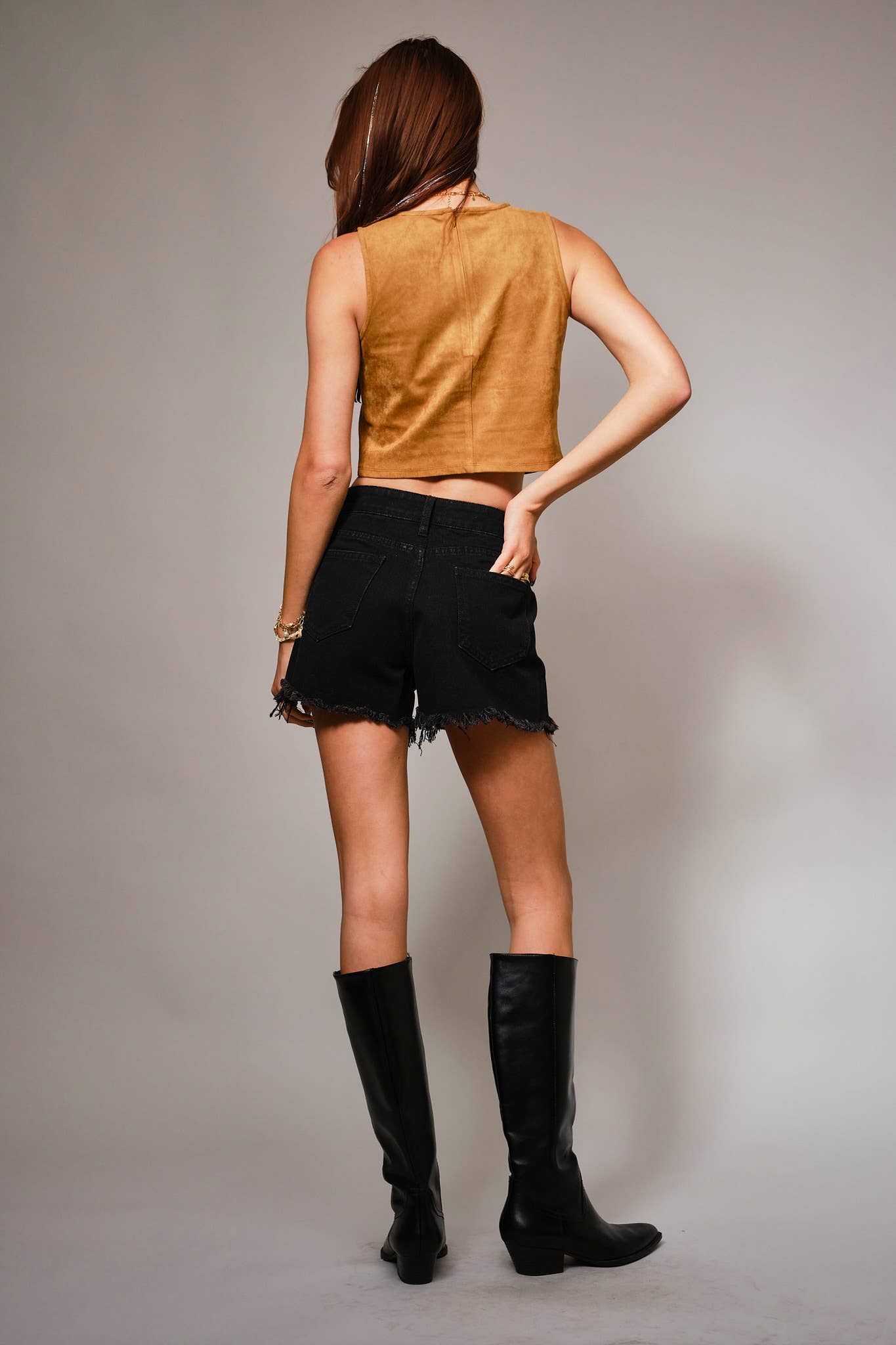 37131T - Faux Suede Fringe Crop Top in Camel
