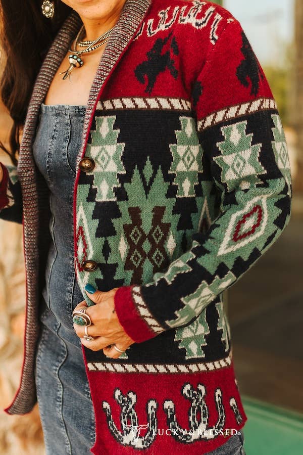 Burgundy Multi Aztec Knitted Cardgian Sweater JO320