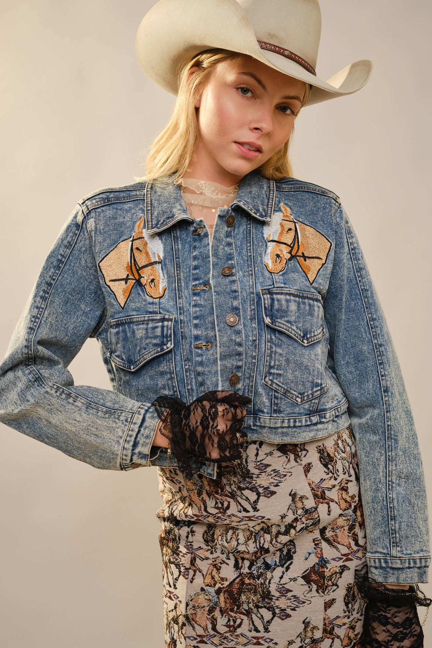 Blue B 23501J - Garment Washed Embroidered Denim Jacket: LIGHT WASH