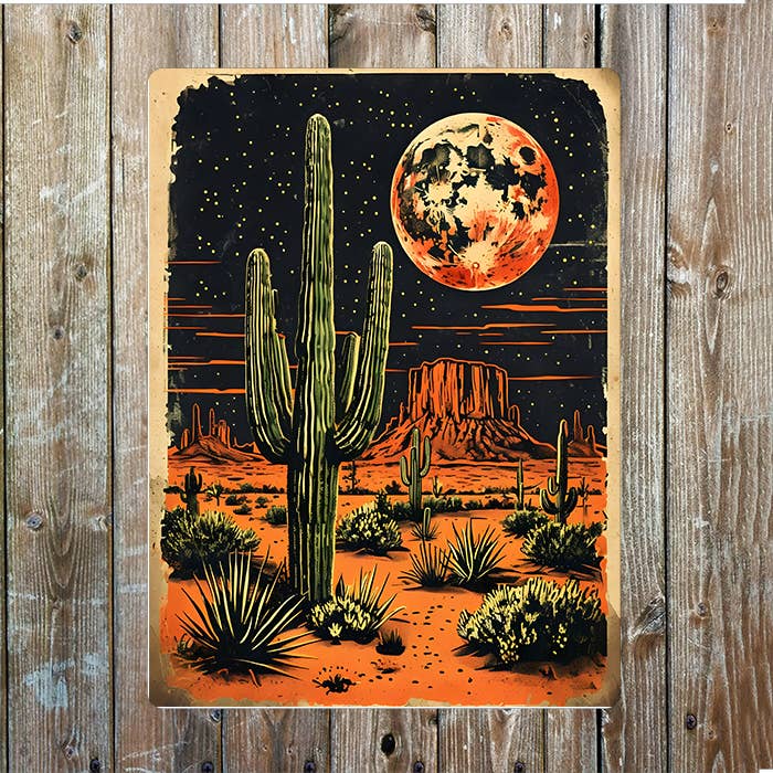 Vintage Desert Landscape Cowboy Western Metal Sign Plaque: 6x8inch