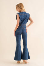Load image into Gallery viewer, 22646R - Ruffle SLV Button Up Bell Bottom Denim Jumpsuit medium wash
