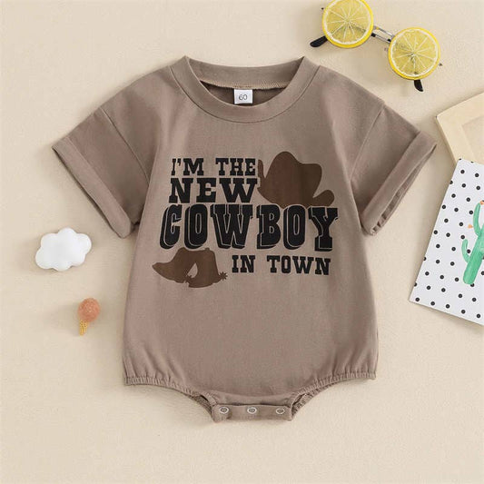 Western Short Sleeved Romper in Brown "I'm The New Cowboy in Town"