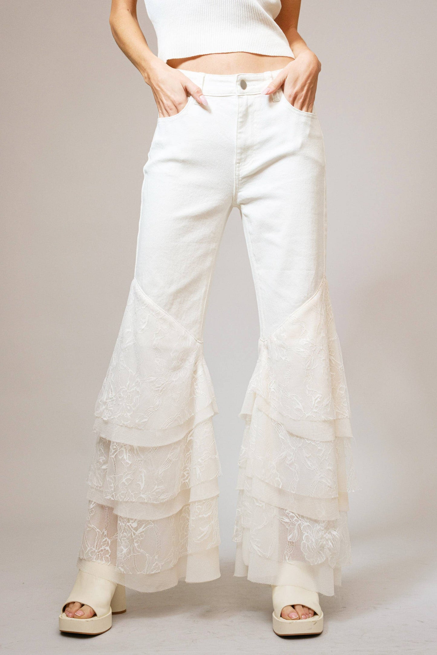 Blue B 15503P - Mid Rise Lace Tiered Flare Denim Jeans: White