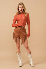 Load image into Gallery viewer, 50011P - Suede Chevron Stud Slanted Fringe Western Shorts: in Dark Camel
