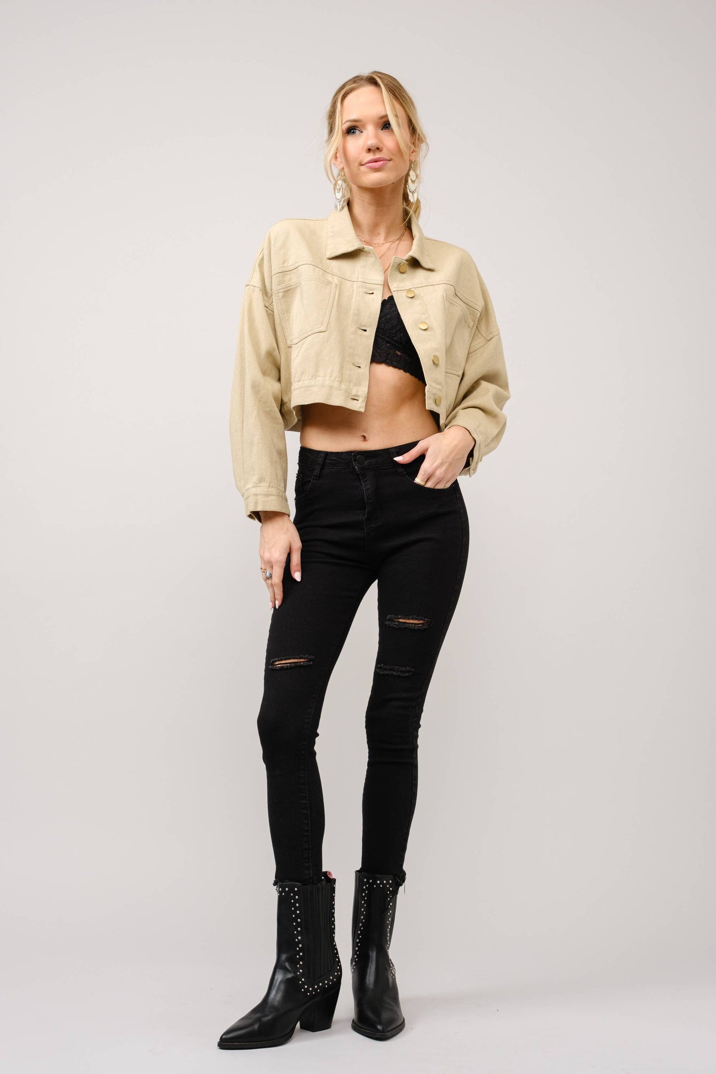 36341J - Long Live Cowgirls Patch Twill Denim Jacket in Taupe