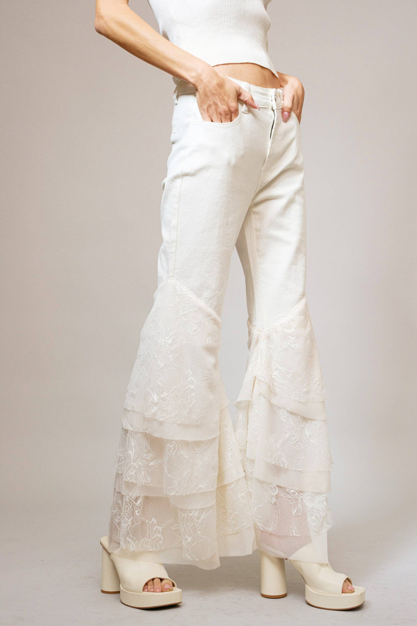 Blue B 15503P - Mid Rise Lace Tiered Flare Denim Jeans: White