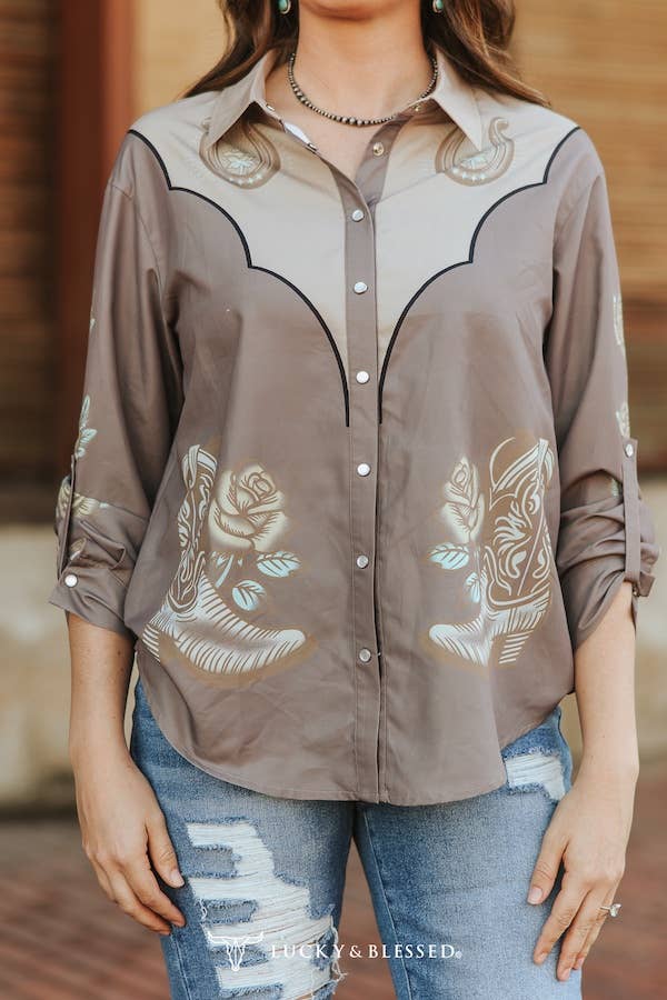 Lucky & Blessed Taupe Western Printed Pearl Snap Button Down Top TO876