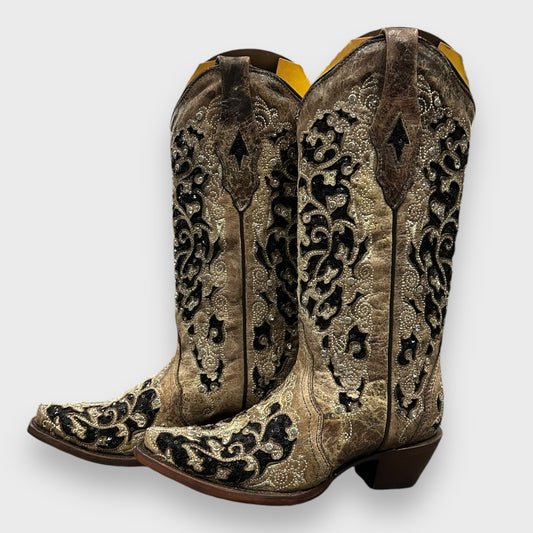 Corral A3569 Black Glitter Inlay Floral Overlay with Crystals and Studs Snip Toe Cowboy Boots