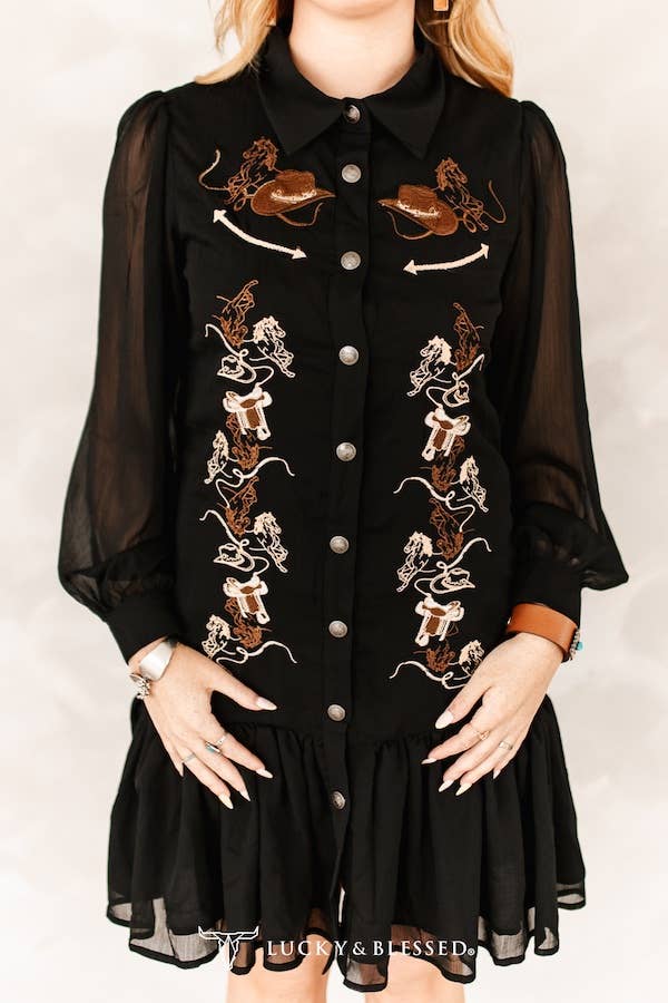 Lucky & Blessed DR860 Black Western Embroidered Arrow Ruffle Dress