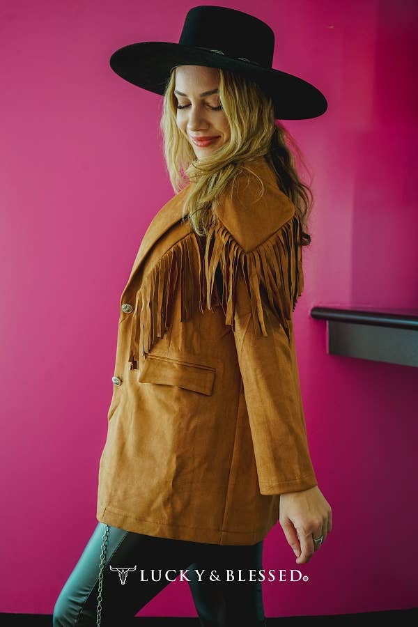 Plus Size Camel Concho Button Down Fringe Lapel Blazer JO036-CML-X