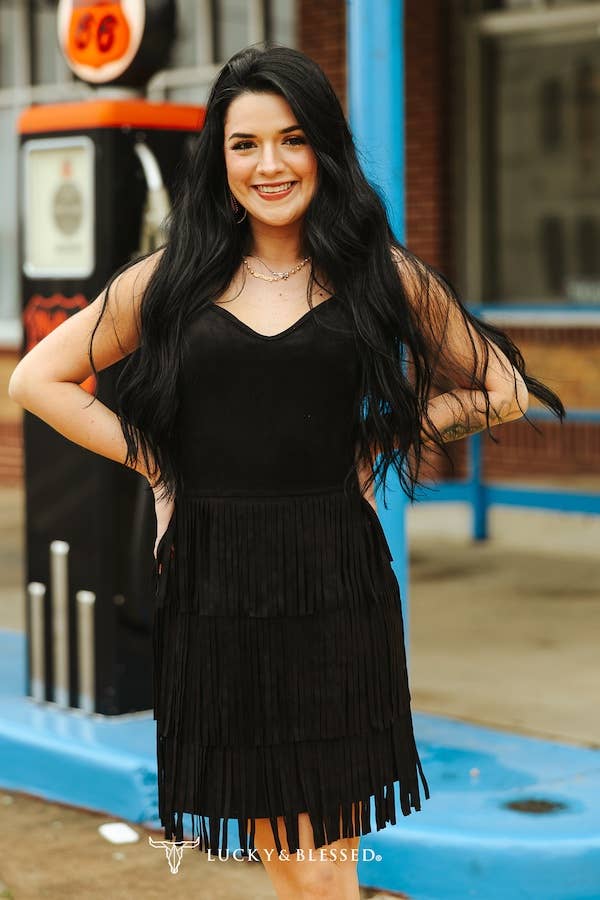 Lucky & Blessed Black Stretch Suede Fringe Tier Dress DR313-BLK
