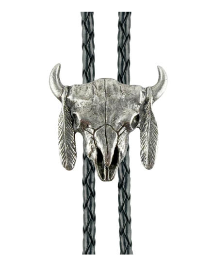 Western Express BT-BC902-P Bull Skull Feather Western Bolo Tie - Cast Pewter