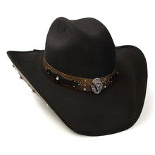 Load image into Gallery viewer, Western Express CL-94 Black Suede Finish Western Hat with Steer Skull on Hat Band &amp; Leather Sides
