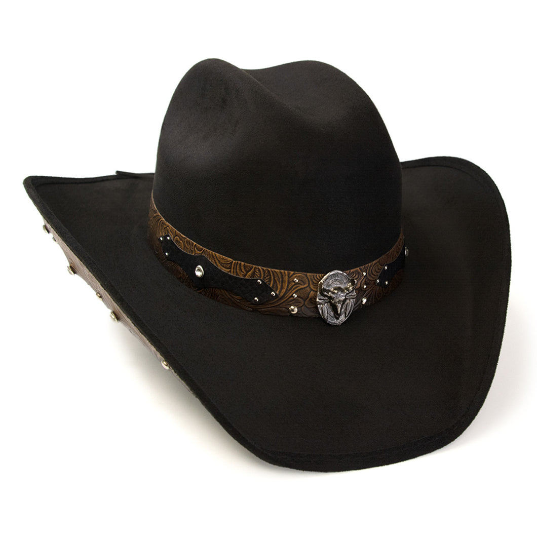 Western Express CL-94 Black Suede Finish Western Hat with Steer Skull on Hat Band & Leather Sides