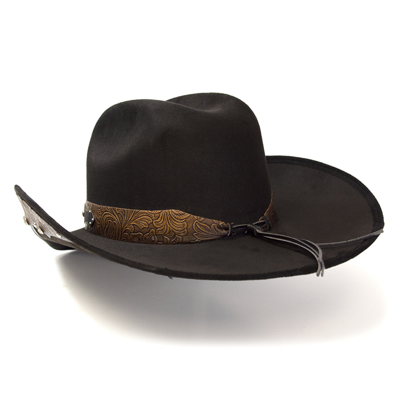 Western Express CL-94 Black Suede Finish Western Hat with Steer Skull on Hat Band & Leather Sides