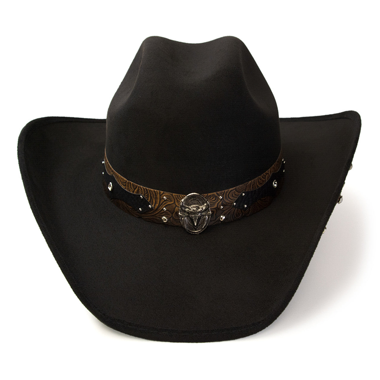 Western Express CL-94 Black Suede Finish Western Hat with Steer Skull on Hat Band & Leather Sides