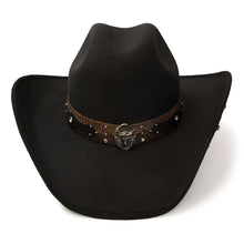 Load image into Gallery viewer, Western Express CL-94 Black Suede Finish Western Hat with Steer Skull on Hat Band &amp; Leather Sides
