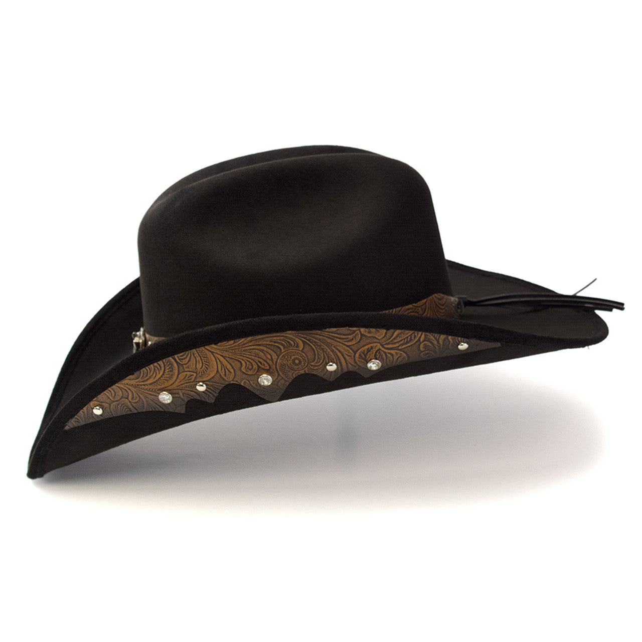 Western Express CL-94 Black Suede Finish Western Hat with Steer Skull on Hat Band & Leather Sides