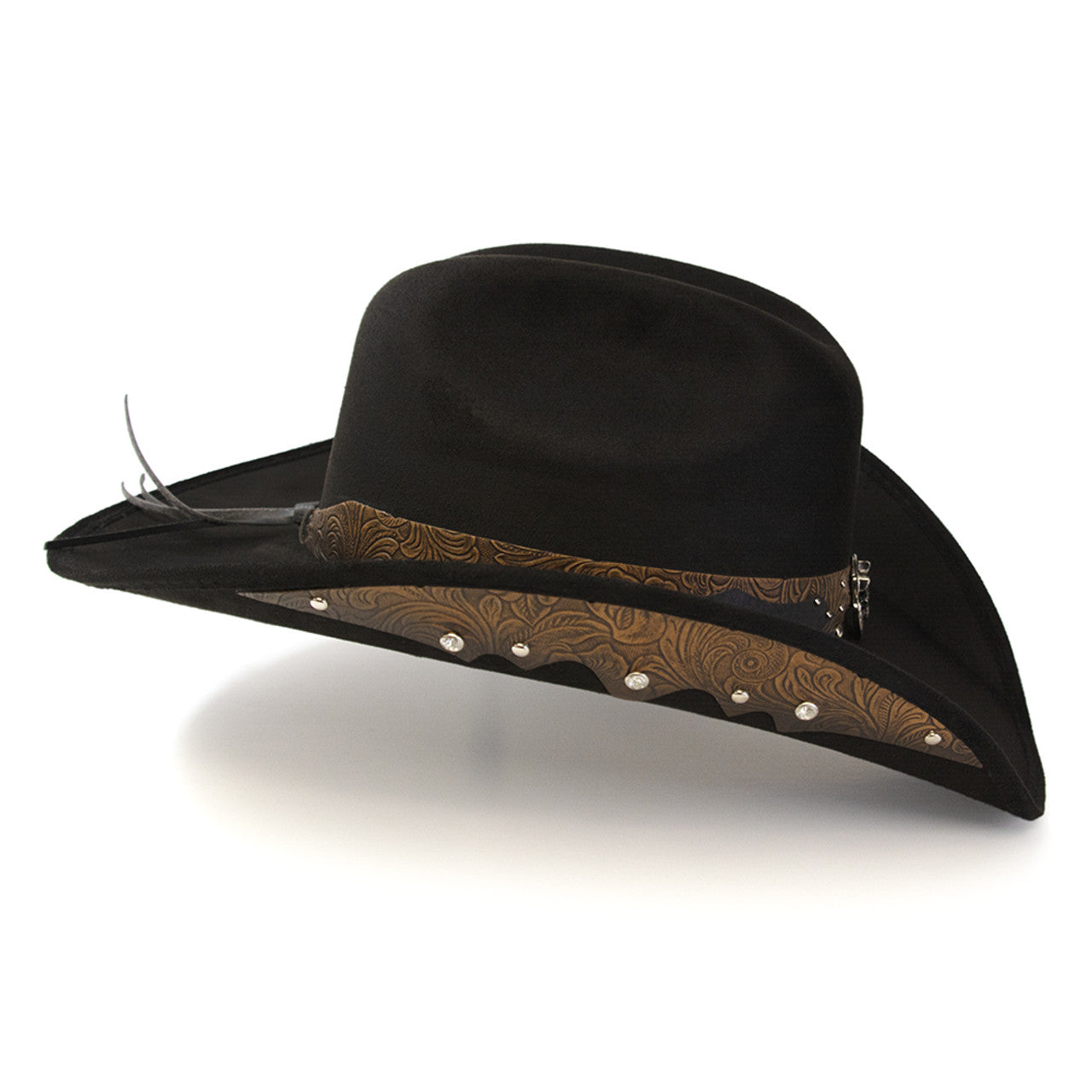 Western Express CL-94 Black Suede Finish Western Hat with Steer Skull on Hat Band & Leather Sides