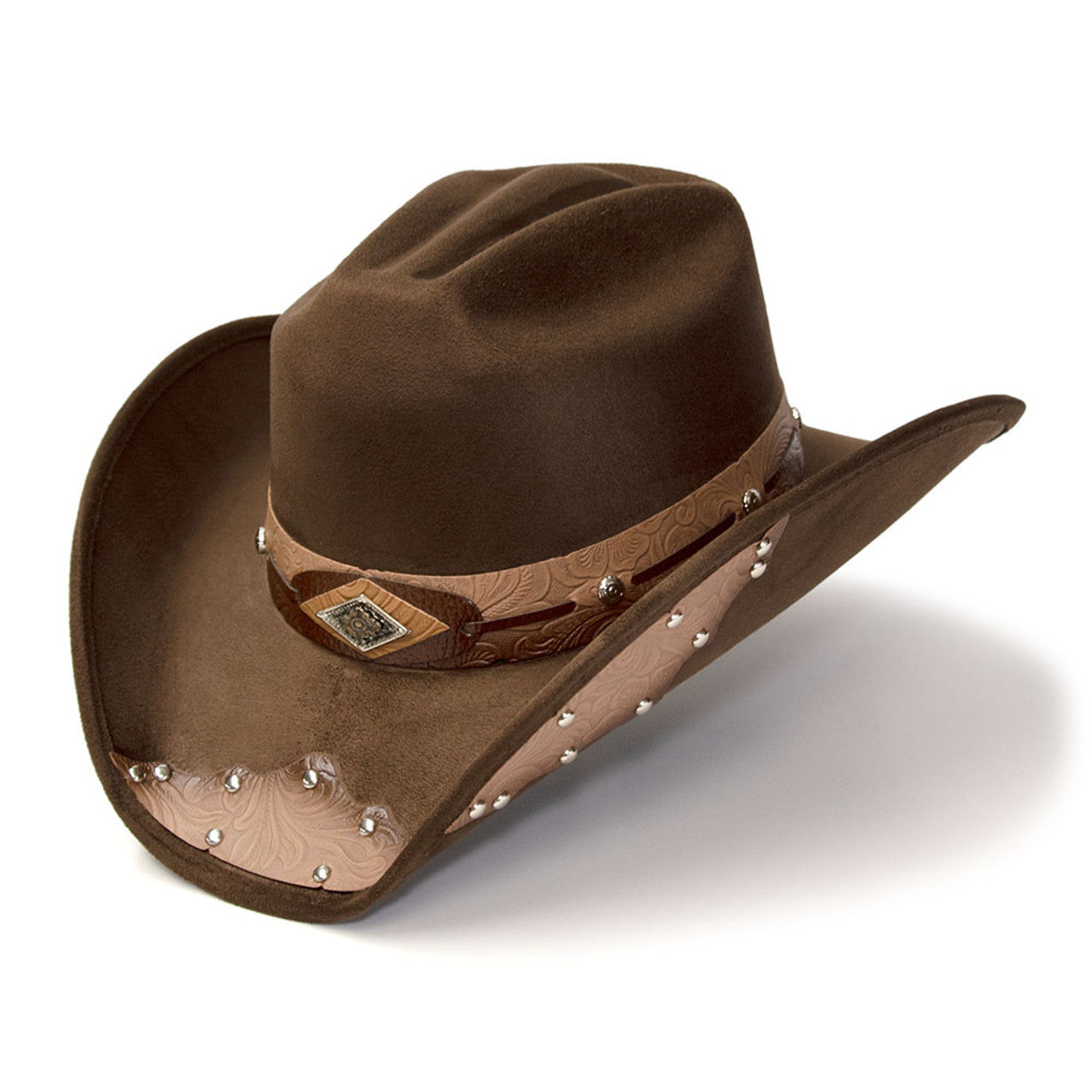 Western Express CL-99 Brown Suede Finish Western Hat with Tooled Hat Band & Leather Sides