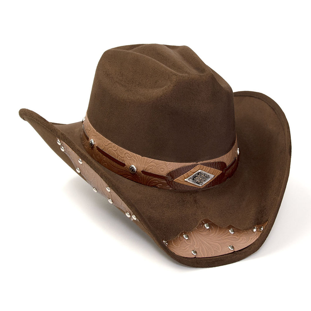 Western Express  CL-99 Brown Suede Finish Western Hat with Tooled Hat Band & Leather Sides