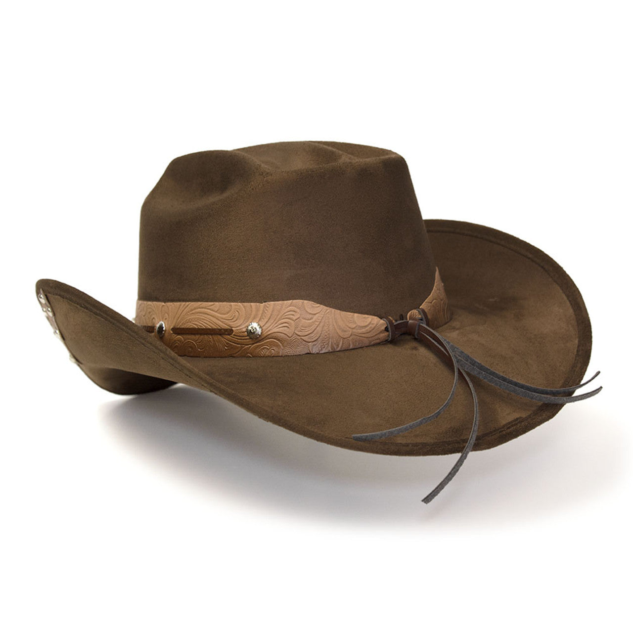 Western Express CL-99 Brown Suede Finish Western Hat with Tooled Hat Band & Leather Sides