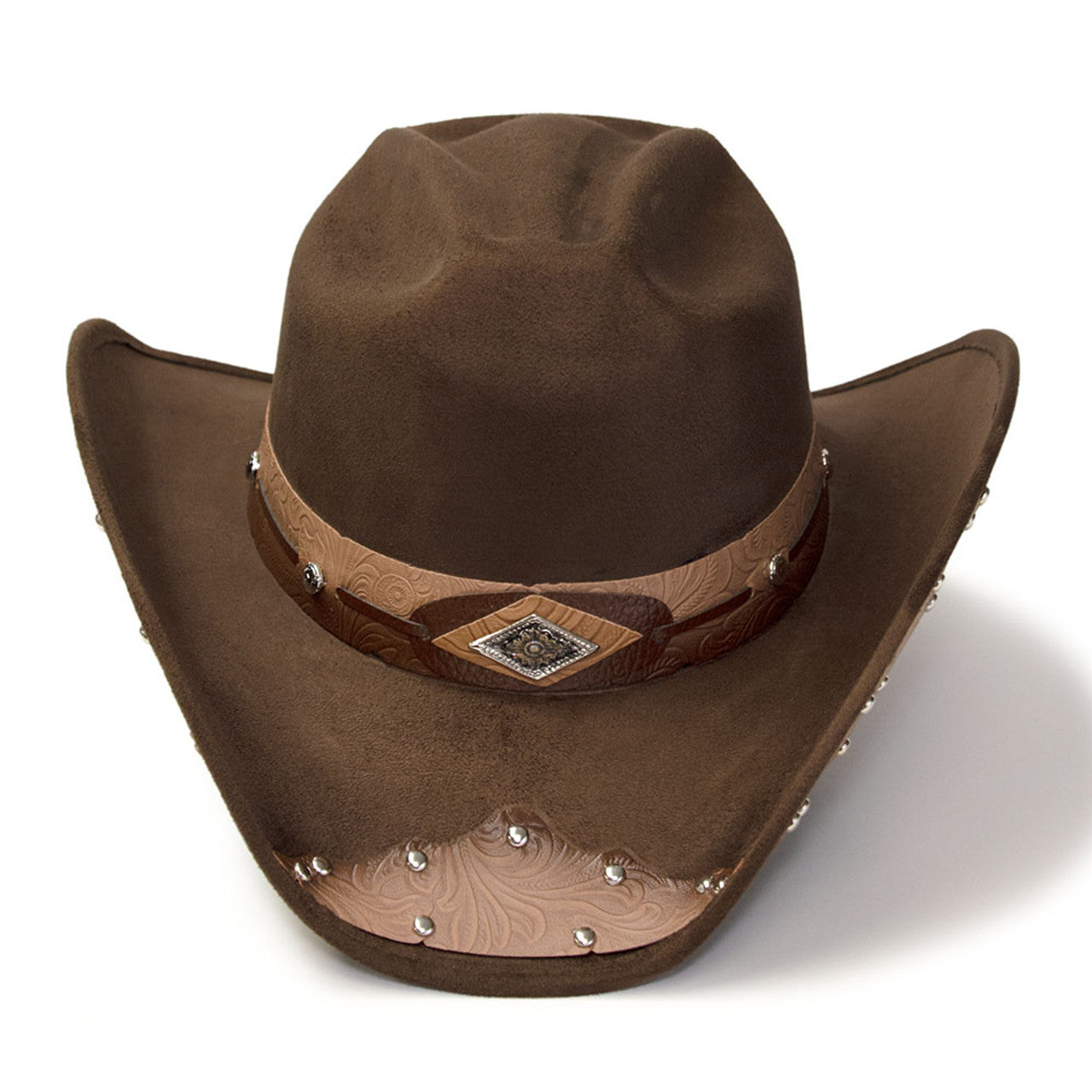Western Express CL-99 Brown Suede Finish Western Hat with Tooled Hat Band & Leather Sides