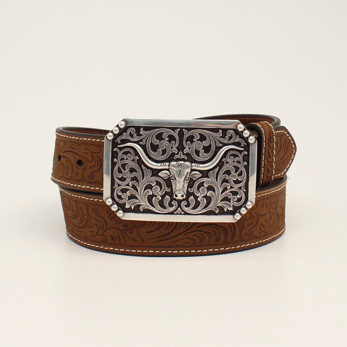 M&F 3D 1 1/2 Floral Embossed Long Horn Buckle Brown D100012102